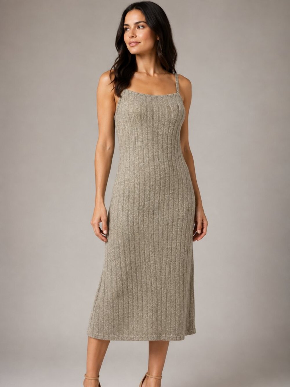 Unbranded Tan Ribbed Sweater Knit Cami Midi Dress Size S